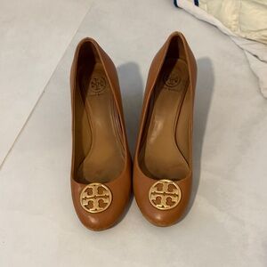 Tory Burch Brown Leather Heels with Gold Accent